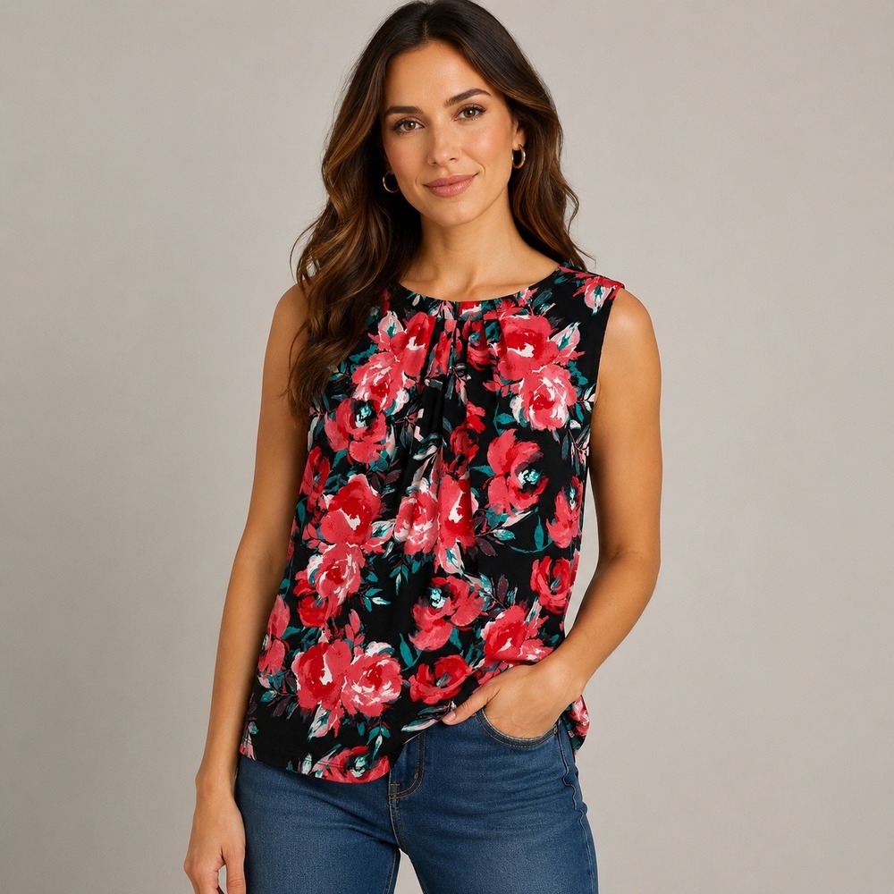 Calvin Klein Womens 1X Floral Sleeveless Blouse Pleated Neck Black Red Top